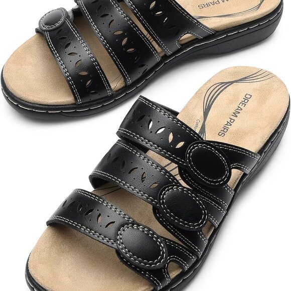 Women's Faux Leather Slide Sandals Casual Comfortable Arch Support Flat - Picture 8 of 8